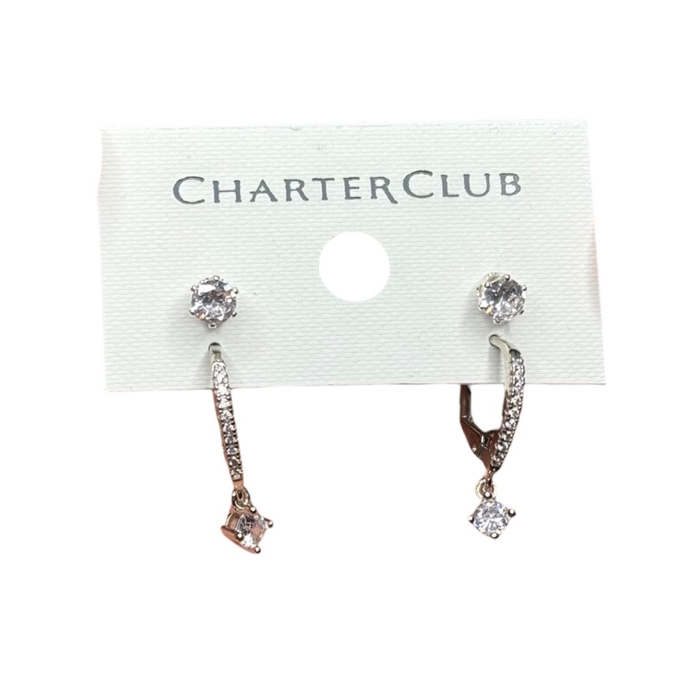 CHARTER CLUB Macy's 2 Earrings Set CZ Cubic Zirconia Stud and Hoop Dangle NEW